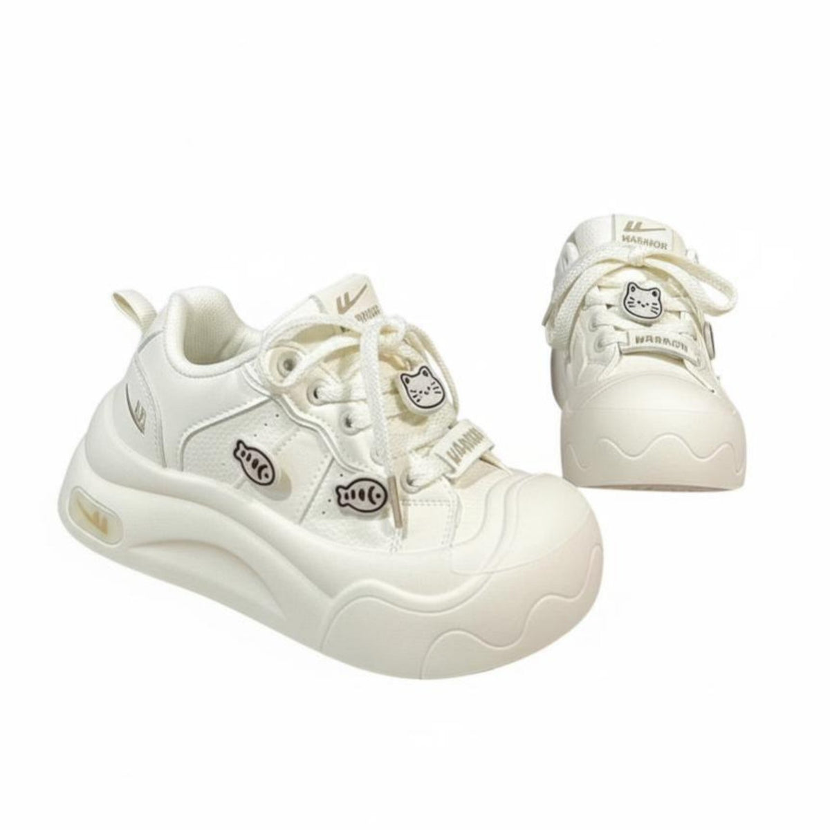 Thick Sole Bread Shoes, Cartoon Whiskered Fish Decor, Women's Sport Sneakers, Cream Lace-Up, Outdoor Autumn Winter Design