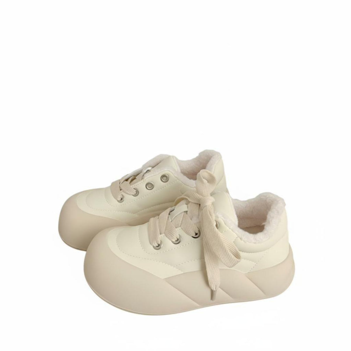Cream Plush Platform Sneakers, Women's Fleece Lined Shoes, Cute Chunky Winter Trainers, Relaxed Style