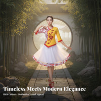 Porcelain Pattern Dancewear Set, Square Dance Costume, Classical Style, Princess Sleeve, Flowing Skirt