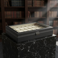 24 Compartment Watch Box Soft Lining Watch Display Case with Glass Top Removable Pillows Water-Resistant for Men