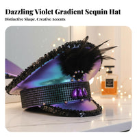 Glitter Naval Officer Hat Crystal Party Hat Iridescent Cap Feather Embellished Cap for Event Attendees, Event S, Raves