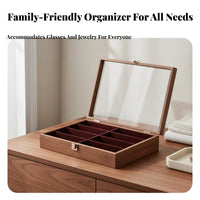 Walnut Wood Grain Eyeglass Display Case Large Capacity Eyewear Storage Display Case Clear View Lid for Collectors, Dressing Table, Closet