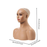 Female Manikin Head with Shoulders PVC Material Realistic Mannequin Head with Shoulders Pierced Ears Hairpiece Display Bust for Retail Store