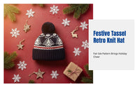 Christmas Tassel Knit Cap, Fair Isle Knitted Hat, Unisex, Winter Windproof, Retro, Skiing, Festive Accessory