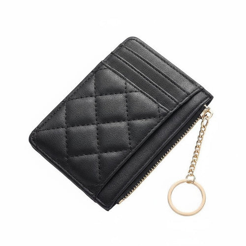 Soft PU Leather Quilted Card Holder with Keychain Lightweight Slim Quilted Card Holder Secure Zipper Closure for Women, Daily Use, Commuting