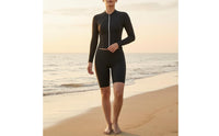 Black Zip-Front Swim Set Split Design Long Sleeve Rash Guard Swimsuit Athletic Cut Swim Shorts Set Minimal for Women, Swimming, Snorkeling, Surfing