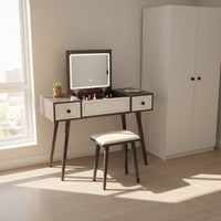 Hinged Lid Vanity Table Modern Minimalist Design Makeup Vanity with Storage Drawers Dressing Table with Mirror and Stool