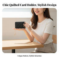 Soft PU Leather Quilted Card Holder with Keychain Lightweight Slim Quilted Card Holder Secure Zipper Closure for Women, Daily Use, Commuting