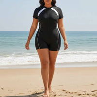 Single Piece Sun Protection Top Stretchy Material Plus Size Short Sleeve Sun Protection Top Full Coverage Swimsuit Built-in Bra
