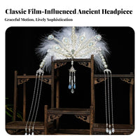 Ancient Design Feather Headdress Long Tassels Tassel Hair Crown Chinese Costume Headpiece Artificial Feathers Crystals Tone