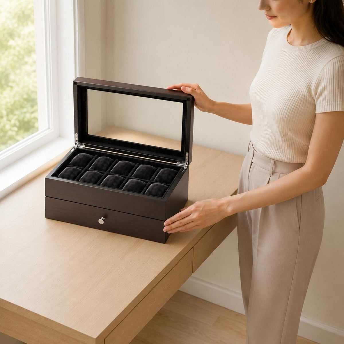 Watch Organizer Box Double Layer Wood Watch Box Drawer Storage