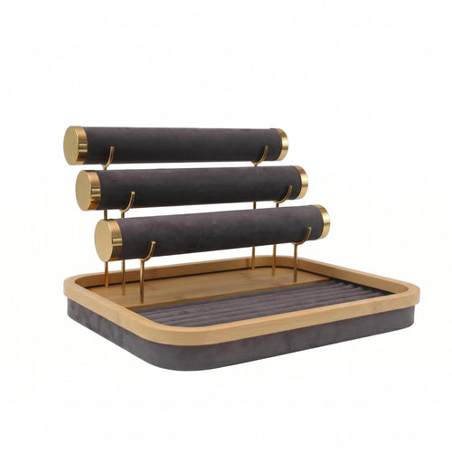 Bamboo Jewelry Organizer Three-Rod Design Jewelry Display Stand Soft Lining Household Storage