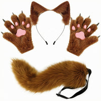 Feline Ears Tail Gloves Set Faux Fleece Cat Ear Headband Adjustable Strap Paw Gloves