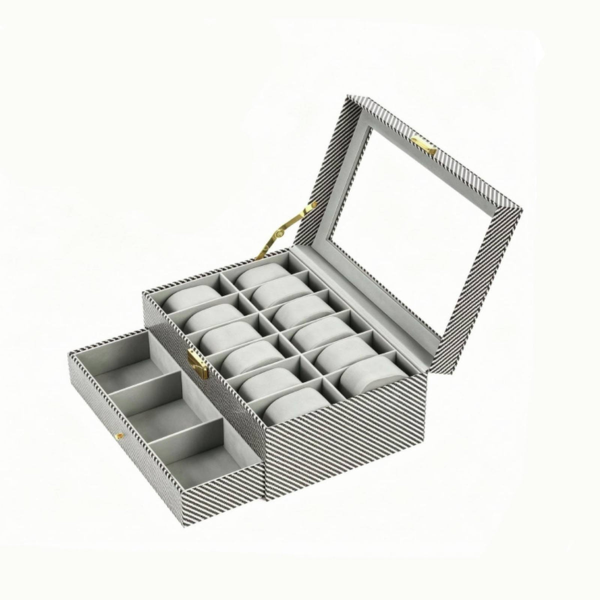 Watch and Jewelry Case Golden-Hued Clasp Jewelry Display Box Striped Exterior