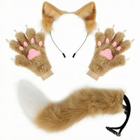 Feline Ears Tail Gloves Set Faux Fleece Cat Ear Headband Adjustable Strap Paw Gloves