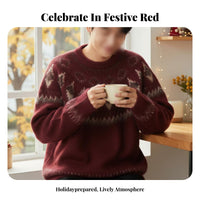 Women’s Red Fair Isle Sweater, Geometric Knit Pullover, Soft Warm, Loose Fit