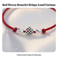 Red Lucky Knot String Bracelet, 2026 Horse Year Zodiac, Silver Bead, Handmade Chinese Design for Women