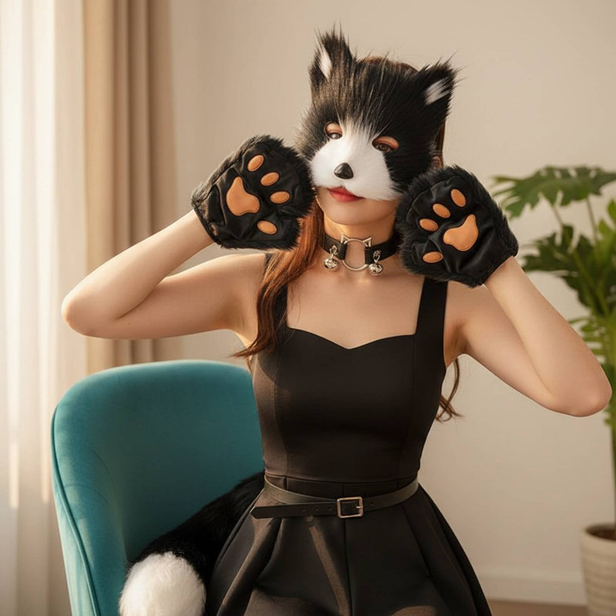 Paw Glove Face Covering Set Halloween Canine Tail Face Covering Set Cosplay Furry Animal Outfit Accessories for Women, Dress-up Party