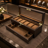 Double-Layer Watch Organizer Transparent Lid Wooden Watch Box Golden-Hued