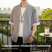 Loose Kimono Cardigan for Men, Chinese Style Summer Robe, Five-Quarter Sleeve, Pan Button, Relaxed Jacket