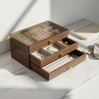 Walnut Wood Grain Jewelry Case Large Capacity Clear Top Band Storage Box