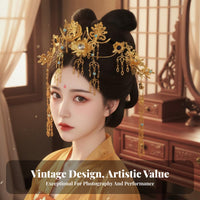 Chinese Regal Avian Hair Crown Dangling Tassels Traditional Chinese Attire Hair Accessory Tang Period Design Hairpiece Gilded