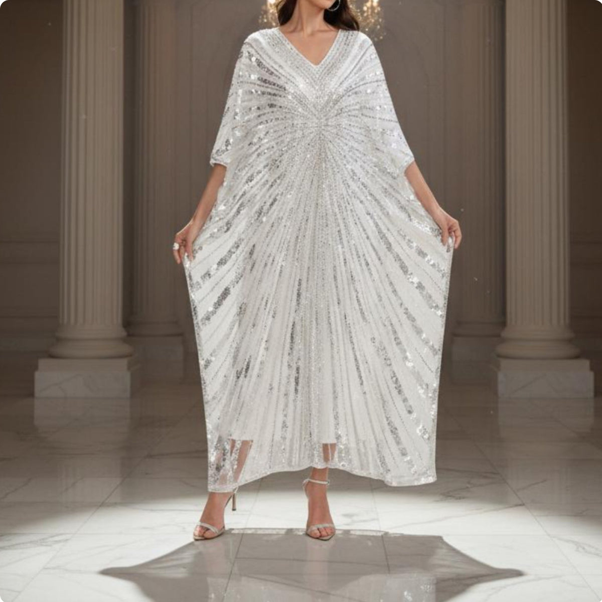 2 Piece Set Glittering Disc Beaded Kaftan Shimmering Sequins Glitter Mesh