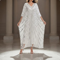 2 Piece Set Glittering Disc Beaded Kaftan Shimmering Sequins Glitter Mesh