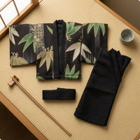 3 Pieces Black Waist Sash Wide Sleeves foliagePattern Kimono Jacket Matching Set