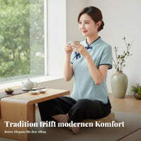 Chinese Style Tea Suit, Summer Cotton Linen Short Sleeve Top Set for Women