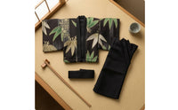 3 Pieces Black Waist Sash Wide Sleeves foliagePattern Kimono Jacket Matching Set