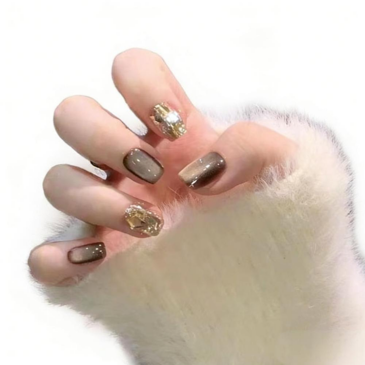 Feline Gaze Short Square Press On Nails, Gold Brown
