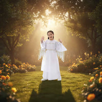 Celestial Costume with Feathered Appendages and Radiant Circlet Soft Material Kids Celestial Dress with Feathered Appendages And