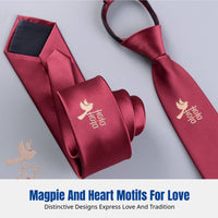Red No-Knot Tie, Double Happiness Bird, Men's Wedding Groom, Festive, Formal Accessory
