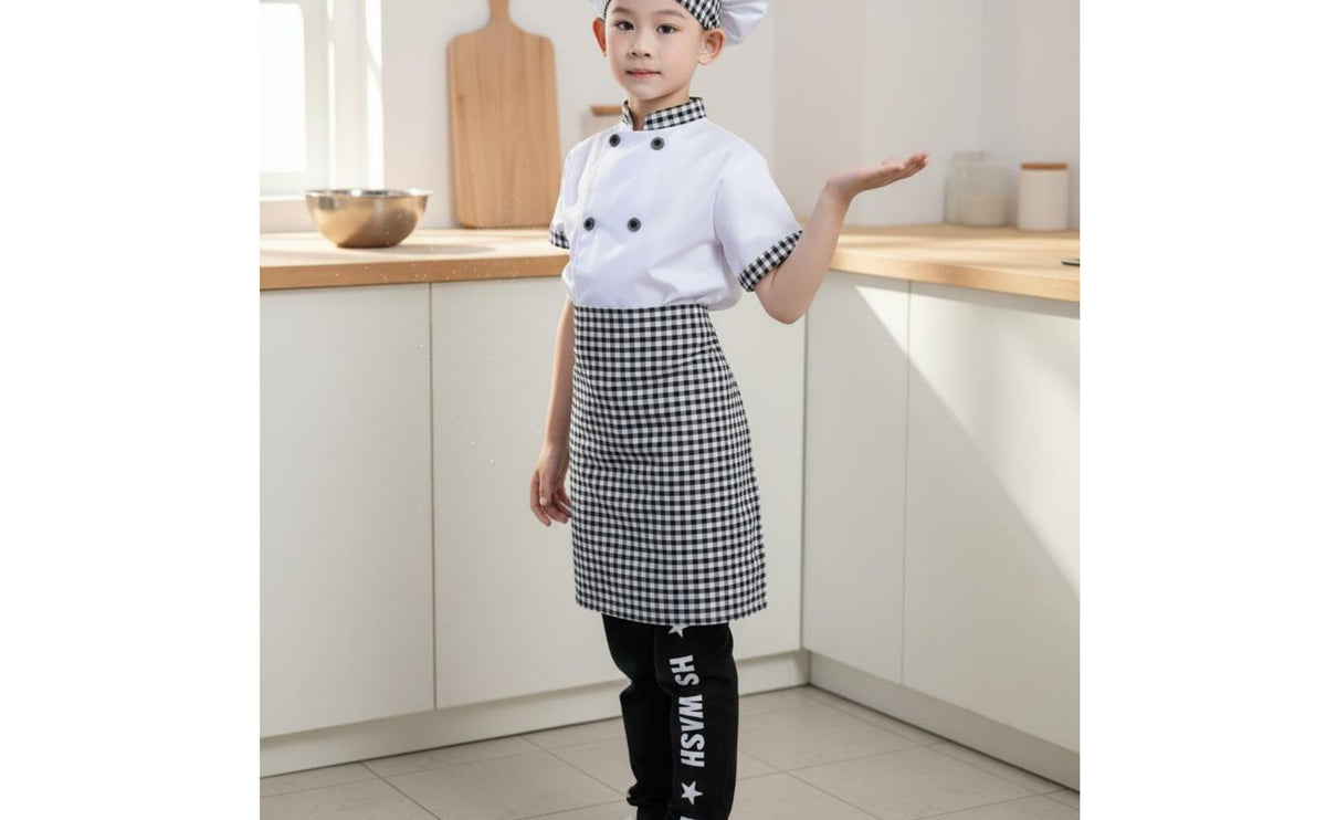 3 Pieces Includes Hat and Apron Kids Chef Costume Double Breasted Jacket Children's Cook Uniform Gingham Trim Kids Baker Costume for Toddlers, School Plays