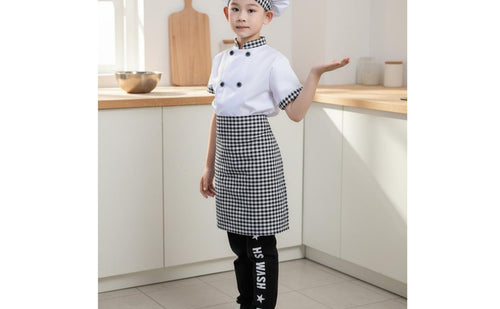 3 Pieces Includes Hat and Apron Kids Chef Costume Double Breasted Jacket Children's Cook Uniform Gingham Trim Kids Baker Costume for Toddlers, School Plays