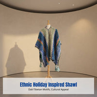 Ethnic Style Knitted Shawl Blanket, Women's Warm Patchwork Cape, Holiday Poncho, Decorative Wrap