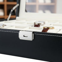 Watch Storage Box with Clear Lid Soft Interior Lining Watch Collection Box Metal Clasp Lock Contrast Stitching for Closet