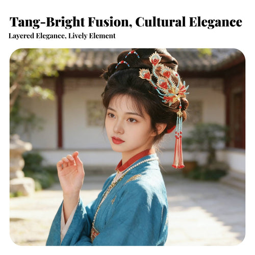 Tang Time Design Headdress Intricate Beadwork Mythical Avian Tassel Hair Crown Mythical Avian Hair Crown Set Elegant