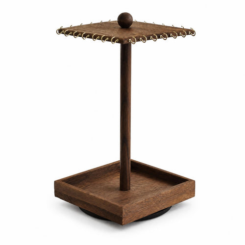 Wooden Jewelry Display Stand Golden-Hued Hooks Rotating Jewelry Stand Tray Base