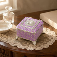 Vintage Jewelry Box Rhinestone Border Ornate Metal Jewelry Box Hinged Lid