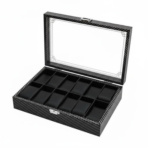 Carbon Fiber Watch Box Clear View Lid Watch Collection Organizer Men's Jewelry Organizer Large Capacity
