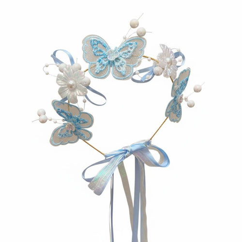 Girls Navy Princess Tiara Headband, Crystal Ribbon, Delicate Flower Fairy Design