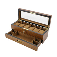 Watch Box with Glass Lid Lockable Wooden Jewelry Organizer 6-Slot for Dresser