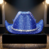 Glittery Blue Cowboy Hat Tall Crown Textured Cotton Twill-Like Cowboy Hat