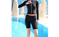 Black Zip-Front Swim Set Split Design Long Sleeve Rash Guard Swimsuit Athletic Cut Swim Shorts Set Minimal for Women, Swimming, Snorkeling, Surfing