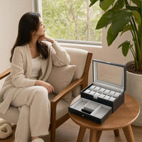 Watch Box with Drawer Two-Tier Watch Display Case with Glass Lid 2-Layer