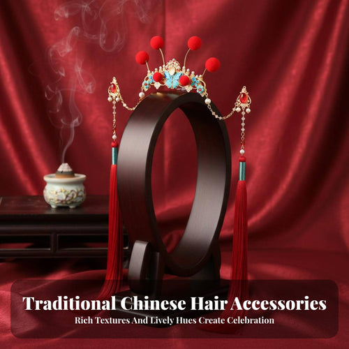Chinese New Year Headpiece Good Fortune Symbol Chinese New Year Hair Crown Red Decorative Puff Tassel Hair Accessory Emblematic