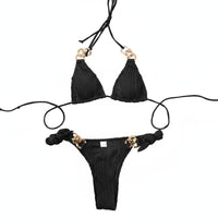 Adjustable Ties Textured Bikini with Gold Chain Alluring Chain Linked Halter Bikini Soft & Comfortable for Young Adults, Summer, Vacation