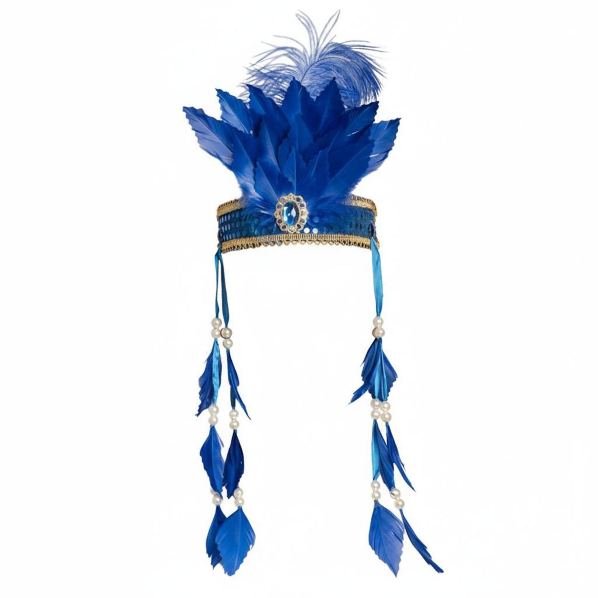 Indian Design Headdress Crystal Accent Glitter Feather Headband Carnival Feather Headpiece Feathered Design for Themed Parties